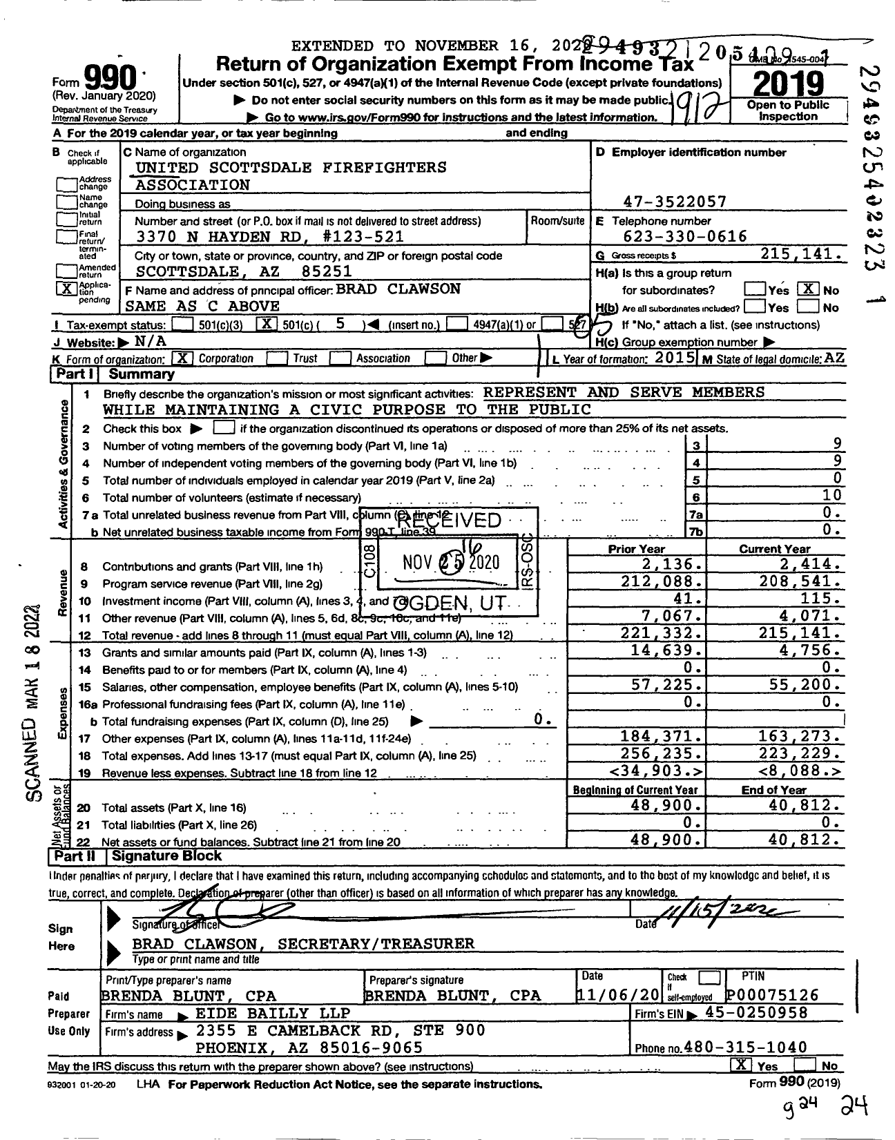 Image of first page of 2019 Form 990O for United Scottsdale Firefighters Association