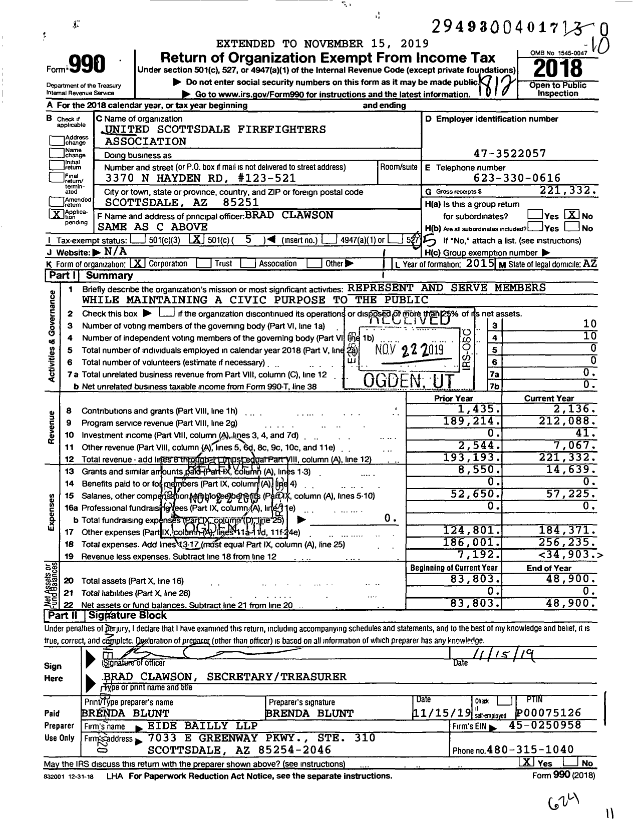 Image of first page of 2018 Form 990O for United Scottsdale Firefighters Association