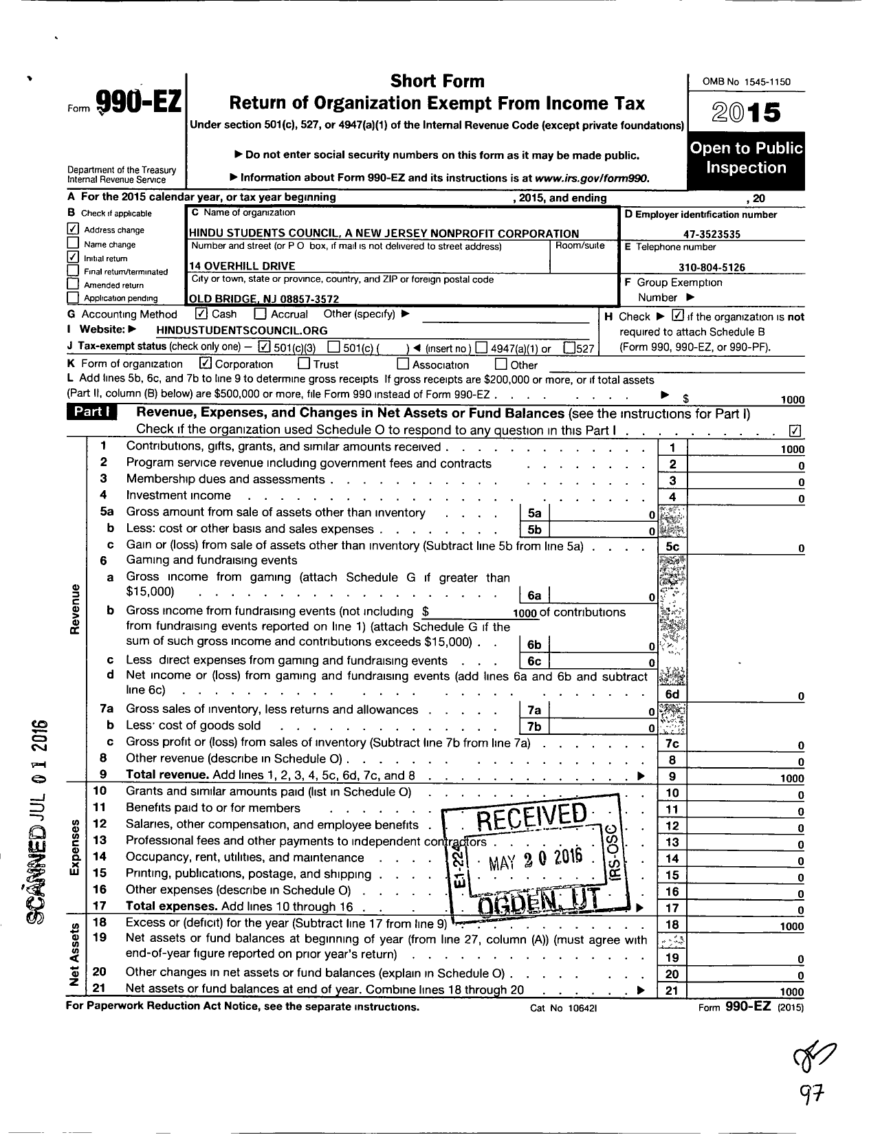 Image of first page of 2015 Form 990EZ for Hindu Students Council A New Jersey Nonprofit Corporation