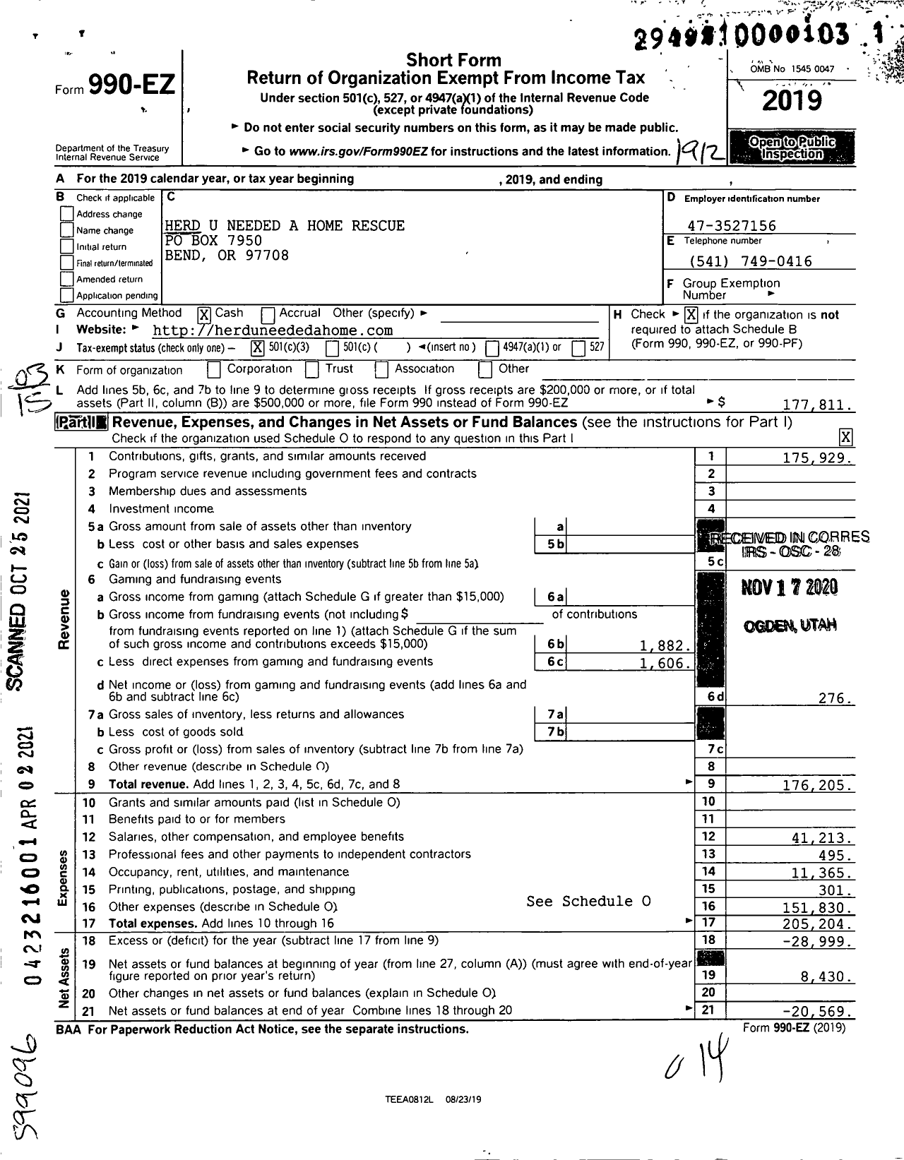 Image of first page of 2019 Form 990EZ for Herd U Needed A Home Rescue