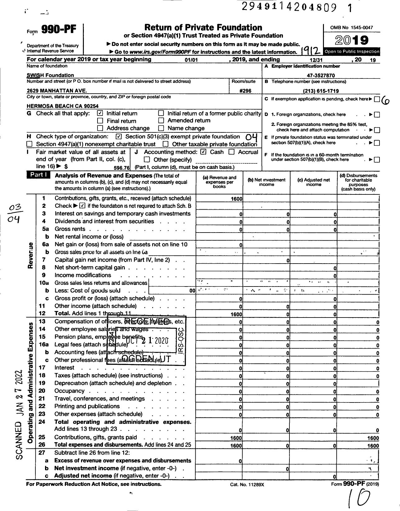 Image of first page of 2019 Form 990PF for Swish Foundation