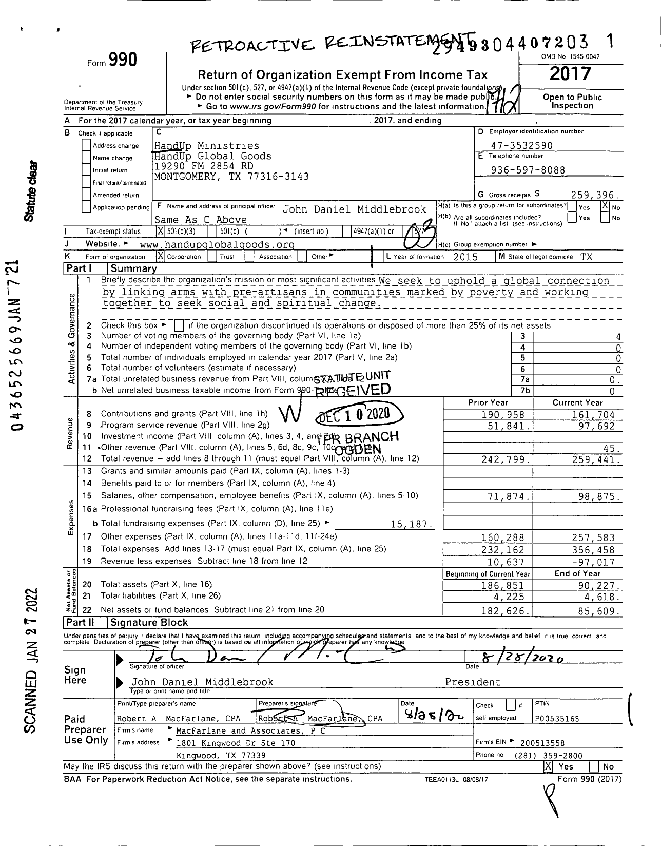 Image of first page of 2017 Form 990 for Handup Ministries Handup Global Goods