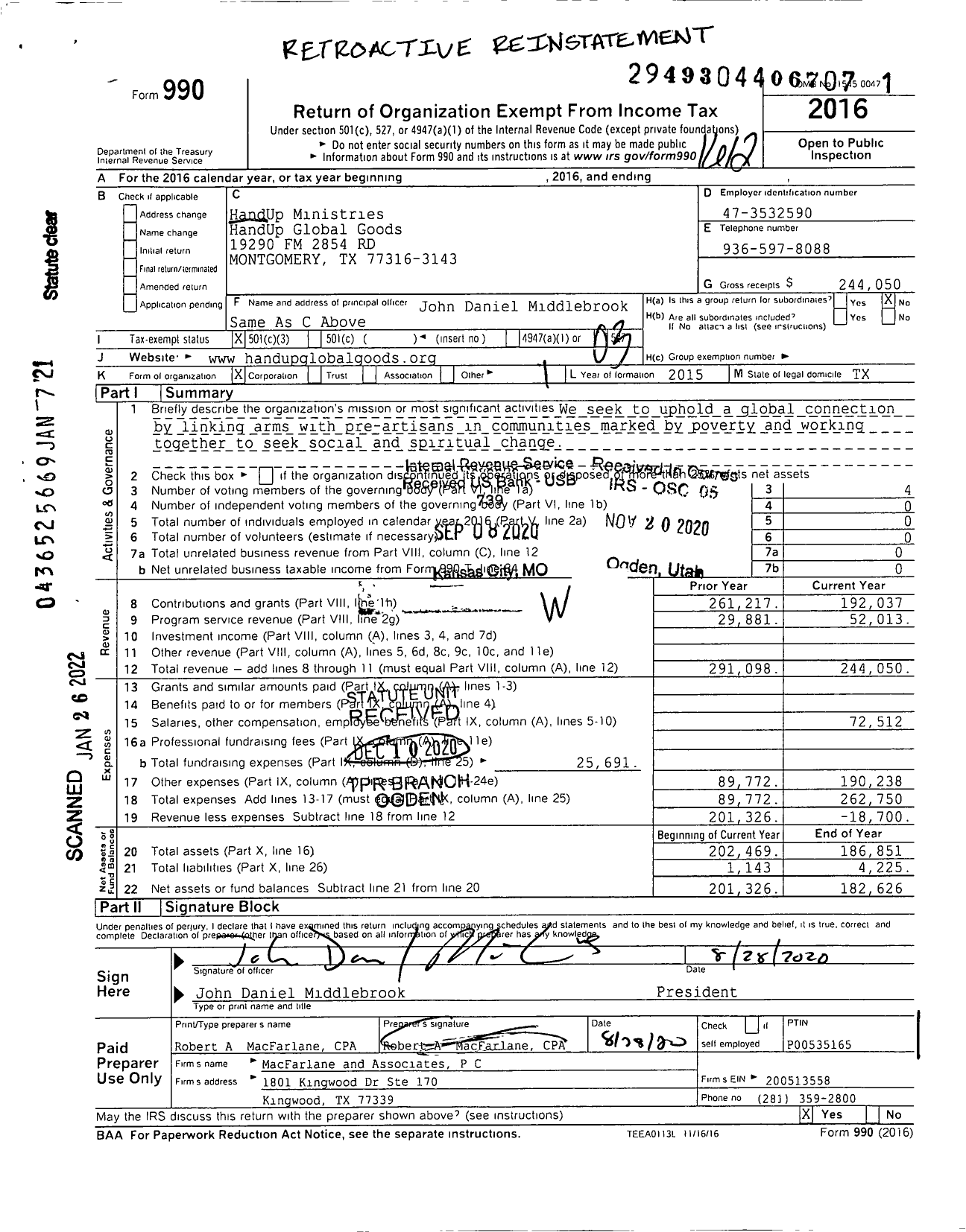 Image of first page of 2016 Form 990 for Handup Ministries Handup Global Goods