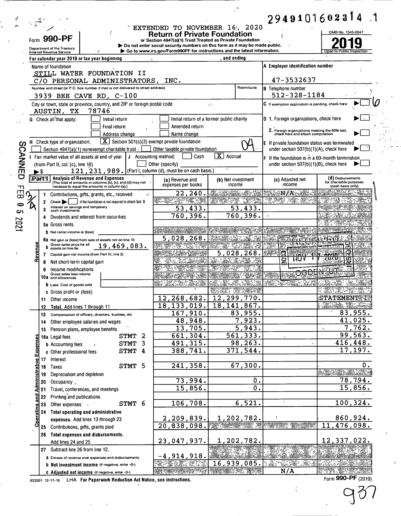 Image of first page of 2019 Form 990PF for Still Water Foundation