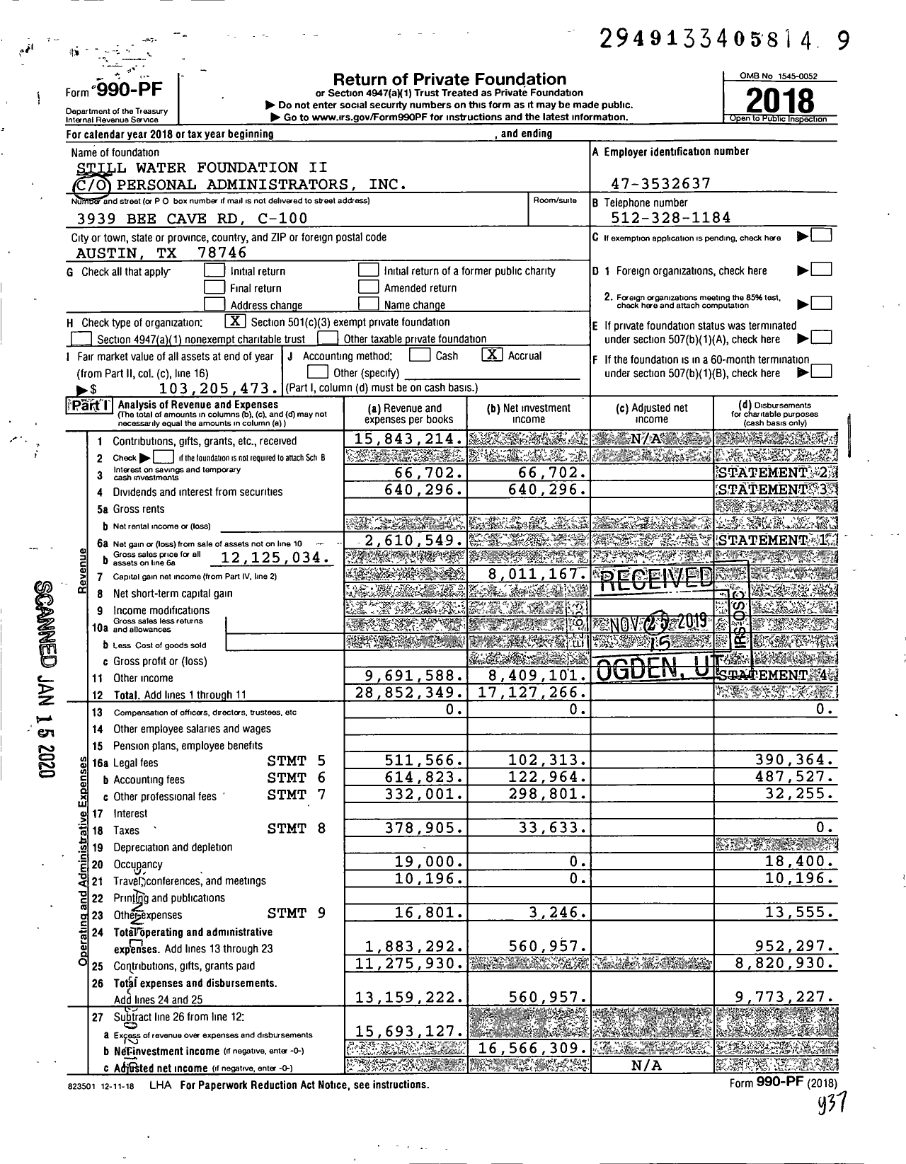 Image of first page of 2018 Form 990PF for Still Water Foundation