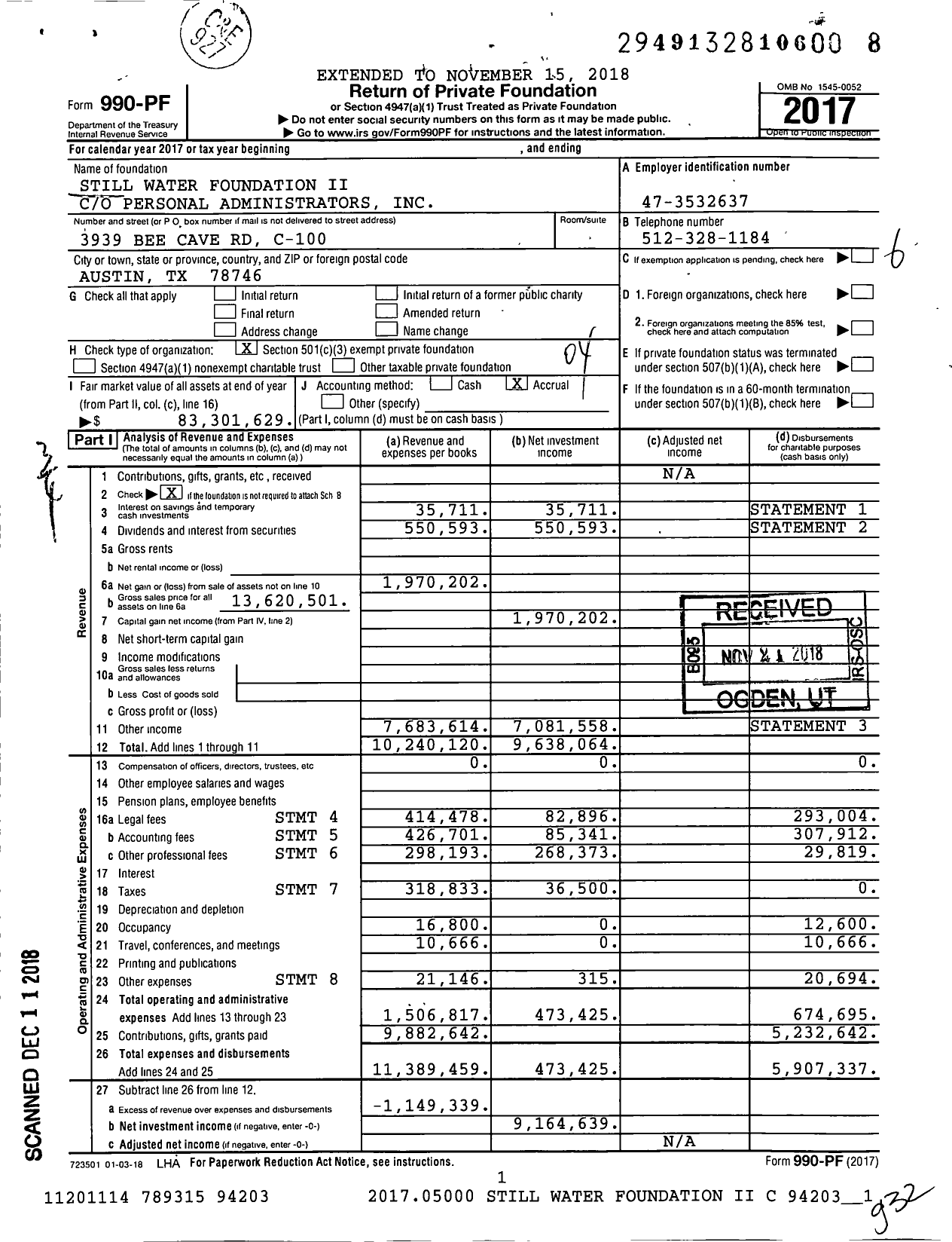 Image of first page of 2017 Form 990PF for Still Water Foundation