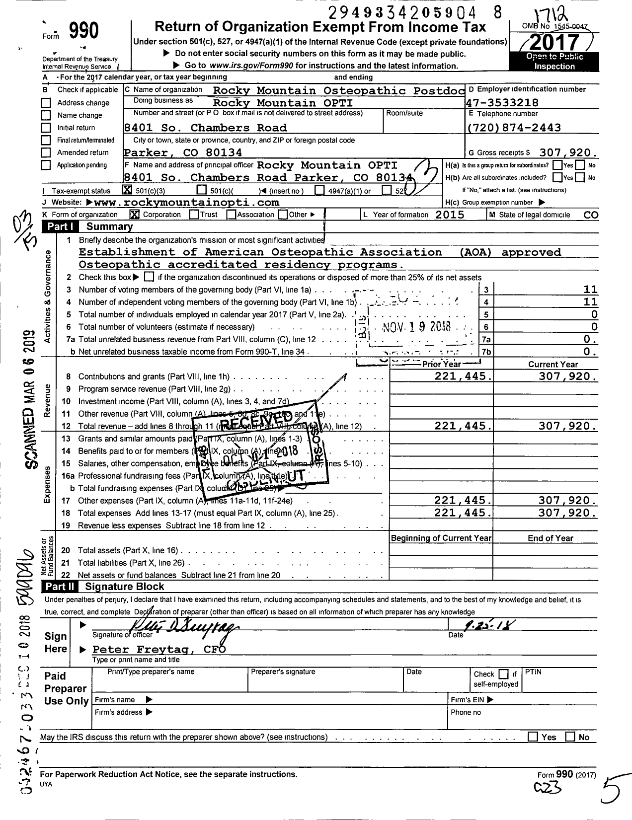 Image of first page of 2017 Form 990 for Rocky Mountain Osteopathic Postdoctoral Training Institute Rocky Mountain OPTI