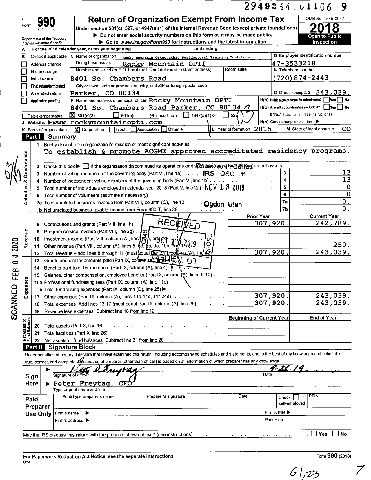 Image of first page of 2018 Form 990 for Rocky Mountain Osteopathic Postdoctoral Training Institute Rocky Mountain OPTI