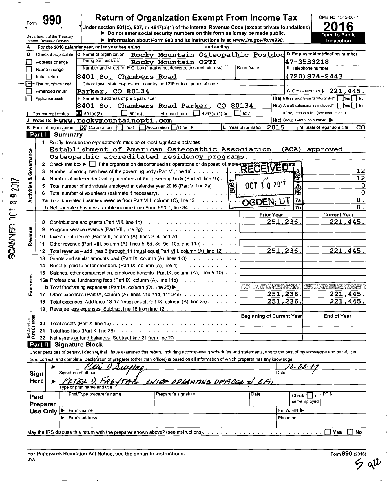 Image of first page of 2016 Form 990 for Rocky Mountain Osteopathic Postdoctoral Training Institute Rocky Mountain OPTI