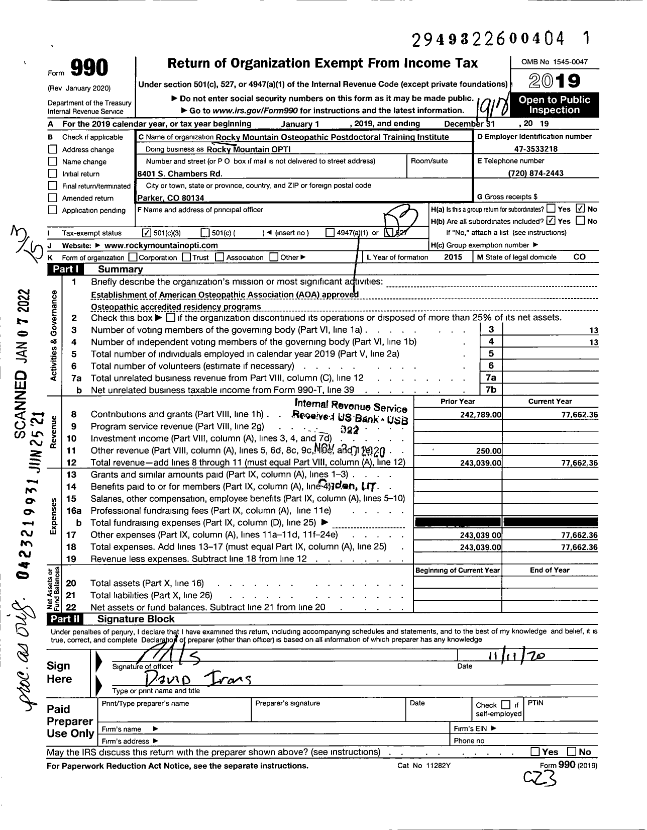 Image of first page of 2019 Form 990 for Rocky Mountain Osteopathic Postdoctoral Training Institute Rocky Mountain OPTI