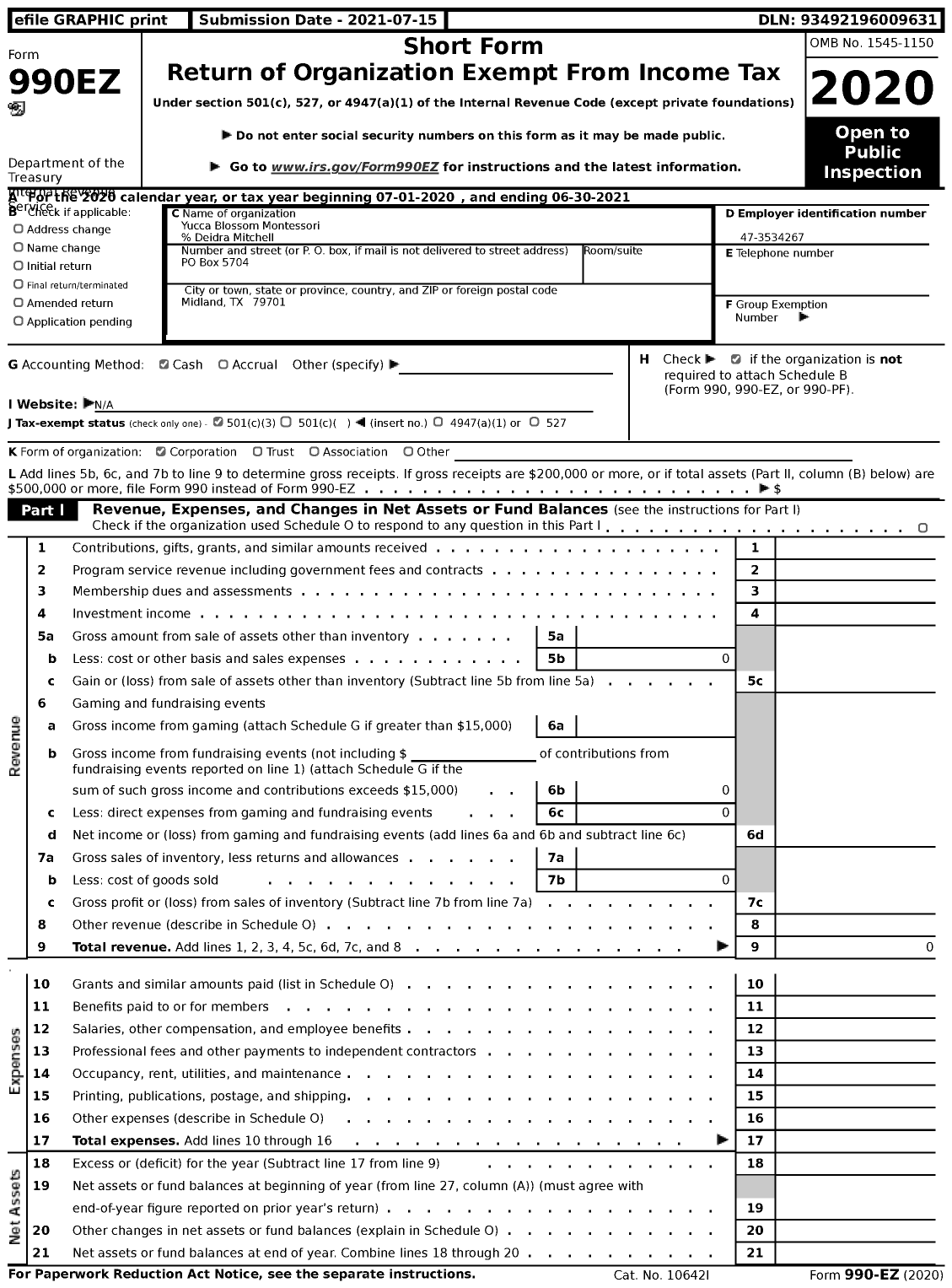 Image of first page of 2020 Form 990EZ for Yucca Blossom Montessori % Deidra Mitchell