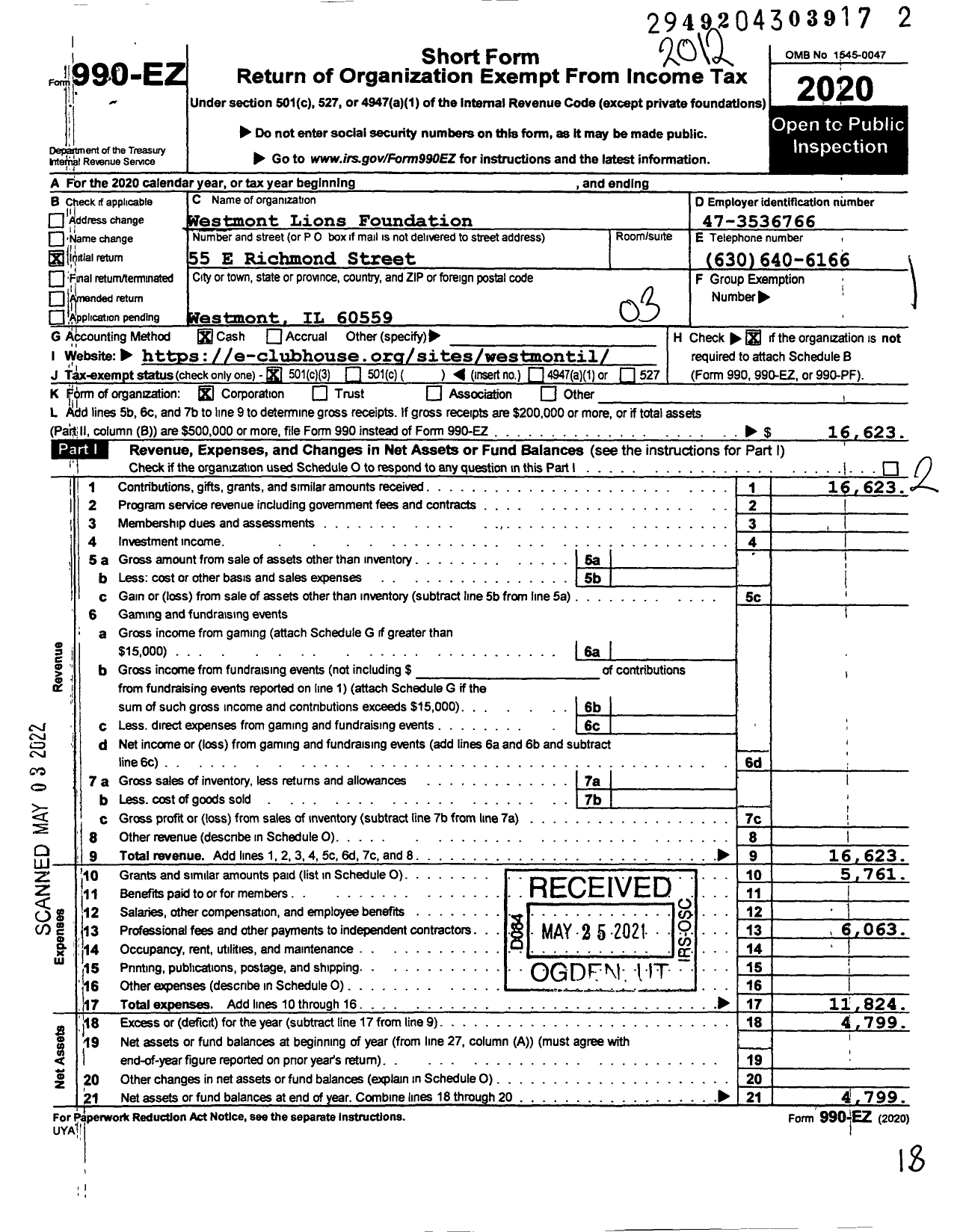 Image of first page of 2020 Form 990EZ for Westmont Lions Foundation