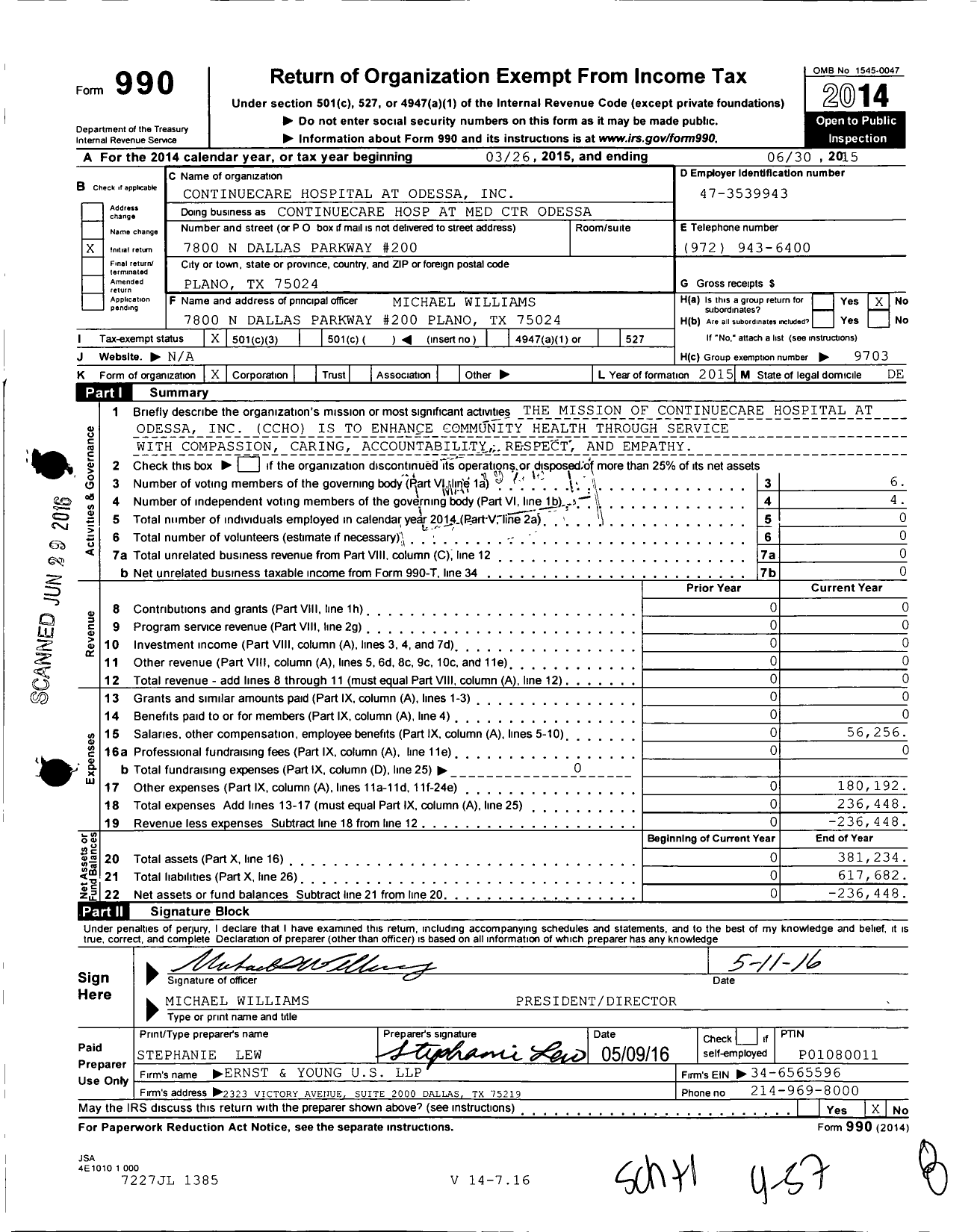 Image of first page of 2014 Form 990 for ContinueCare Hospital at Medical Center Odessa