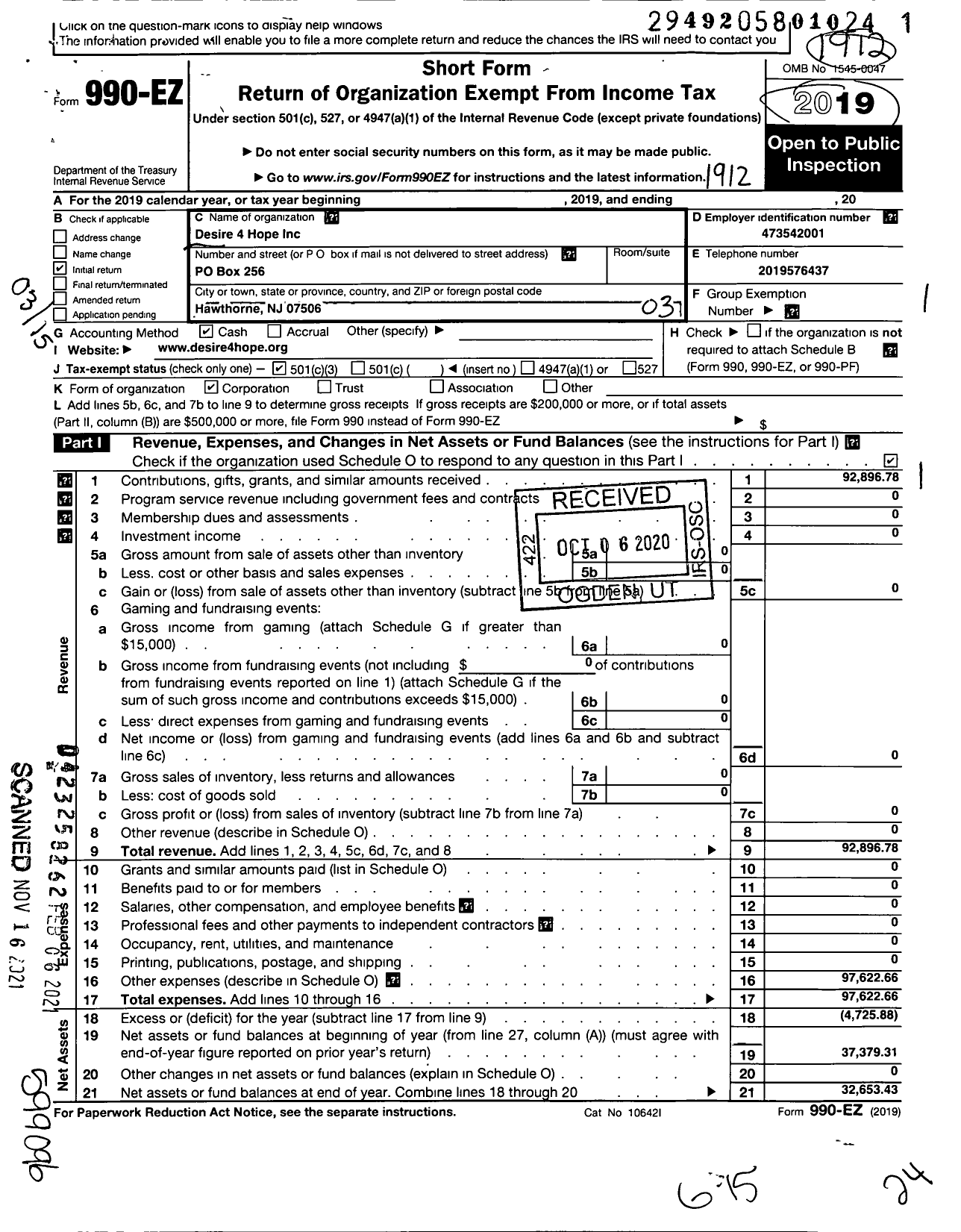 Image of first page of 2019 Form 990EZ for Desire 4 Hope