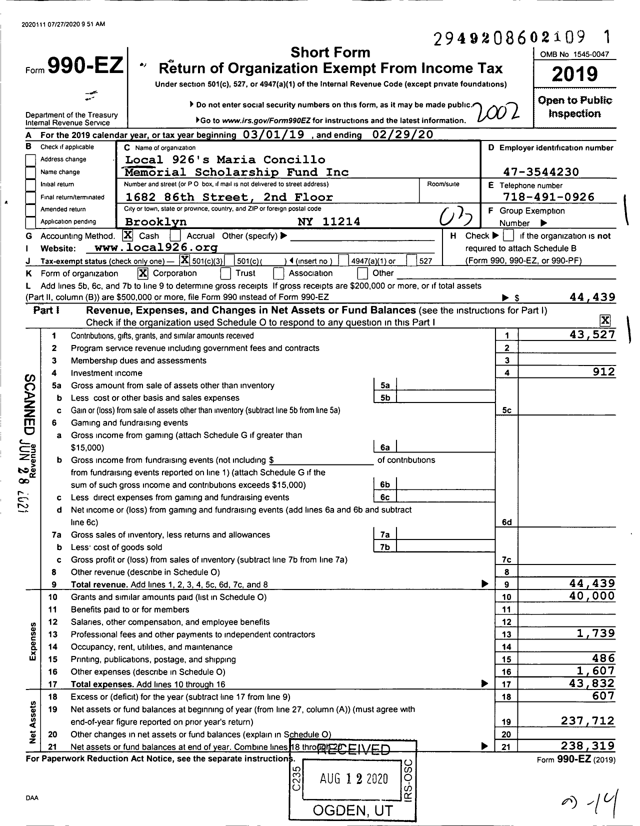 Image of first page of 2019 Form 990EZ for Local 926's Maria Concillo Memorial Scholarship Fund