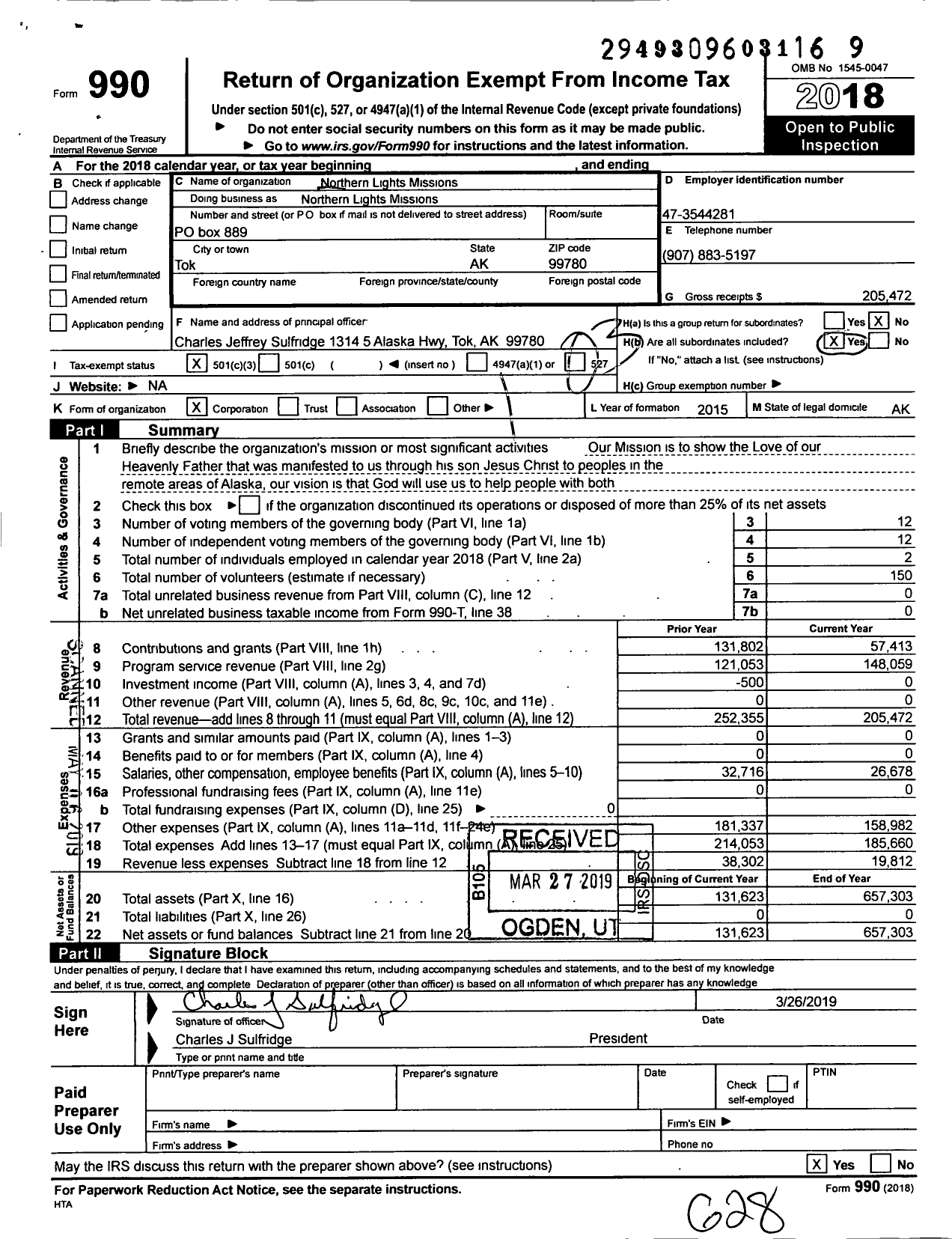 Image of first page of 2018 Form 990 for Northern Lights Missions