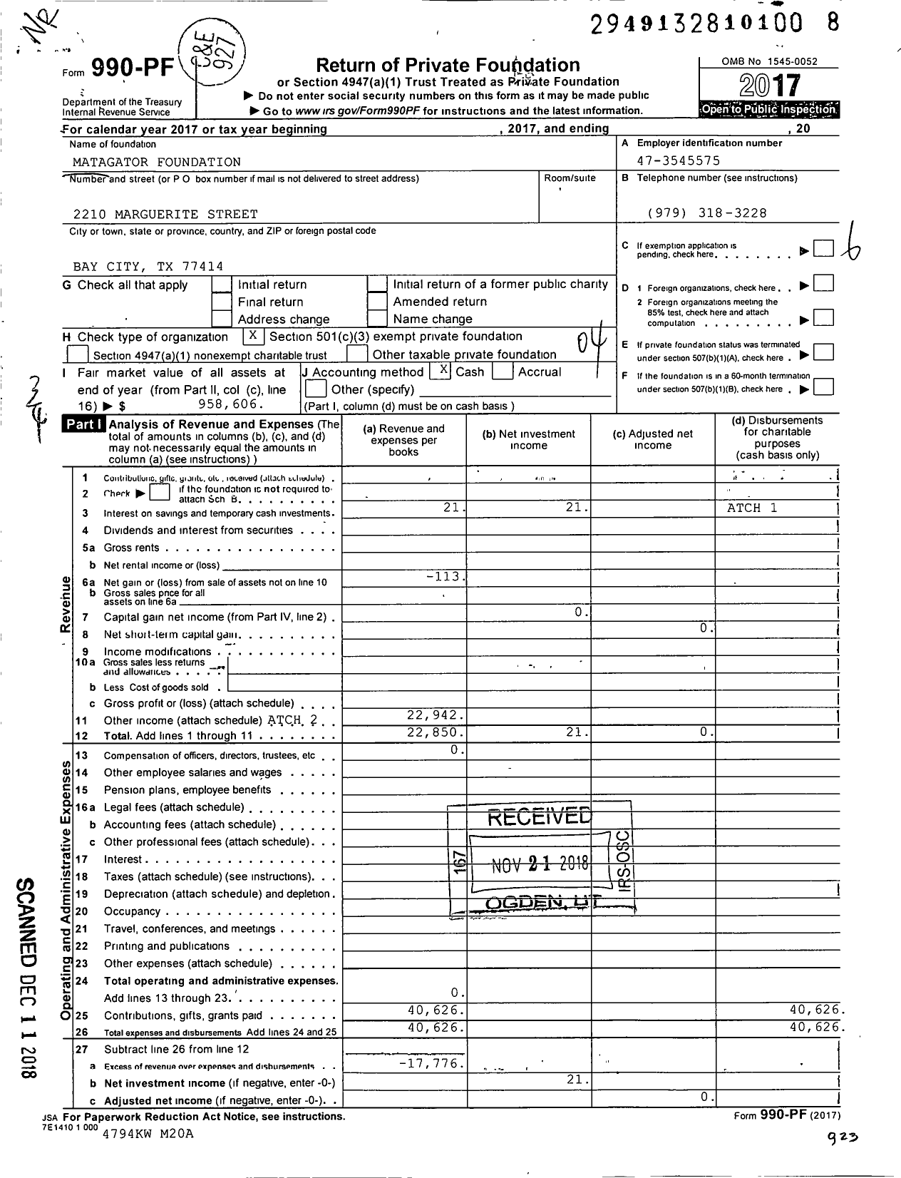 Image of first page of 2017 Form 990PF for MataGator Foundation