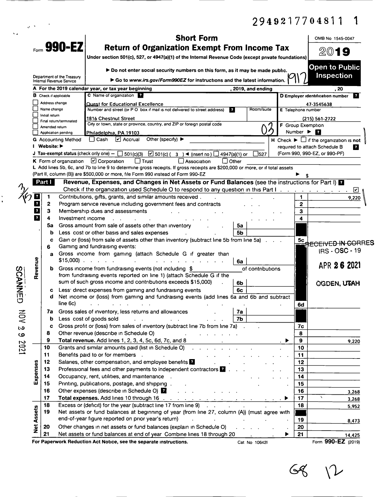 Image of first page of 2019 Form 990EZ for Quest for Educational Excellence