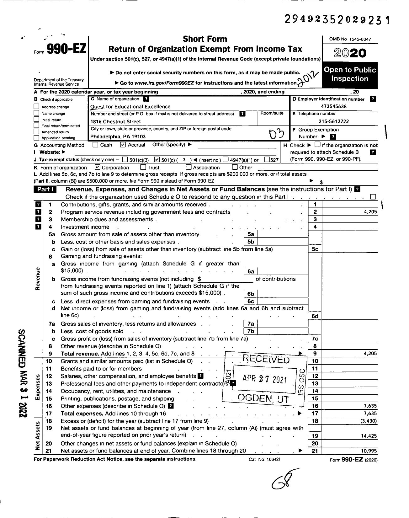 Image of first page of 2020 Form 990EZ for Quest for Educational Excellence