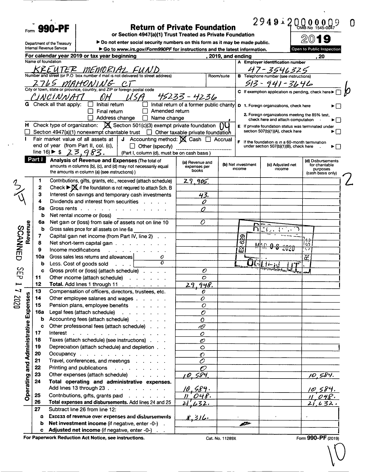 Image of first page of 2019 Form 990PR for Kreuter Memorial Fund