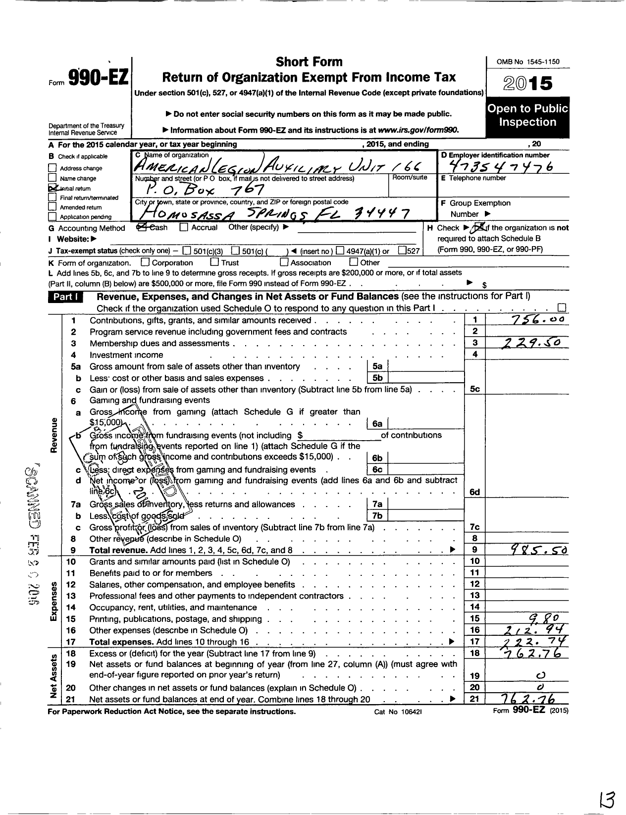 Image of first page of 2015 Form 990EO for American Legion Auxiliary - 166 Post