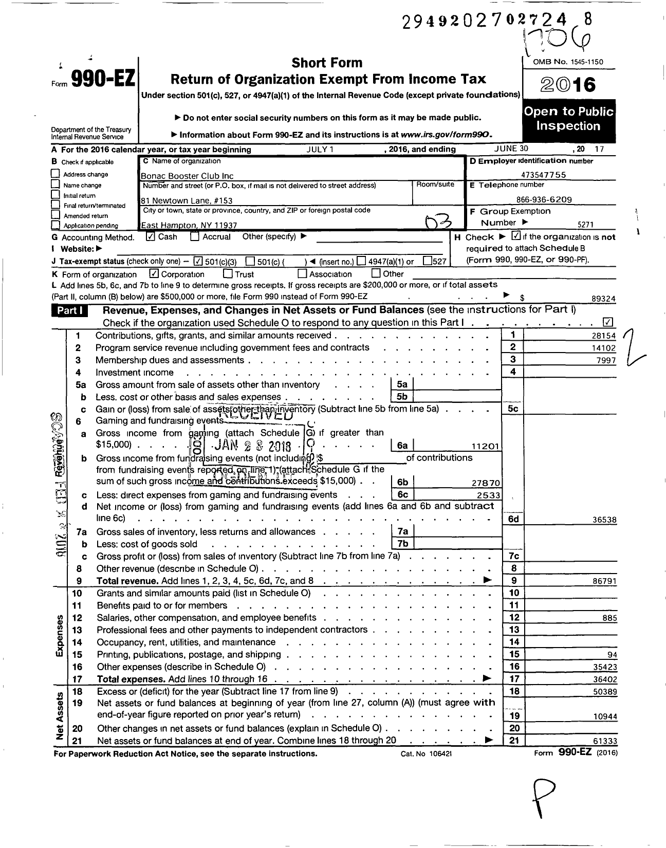 Image of first page of 2016 Form 990EZ for Parent Booster USA / Bonac Booster Club Inc