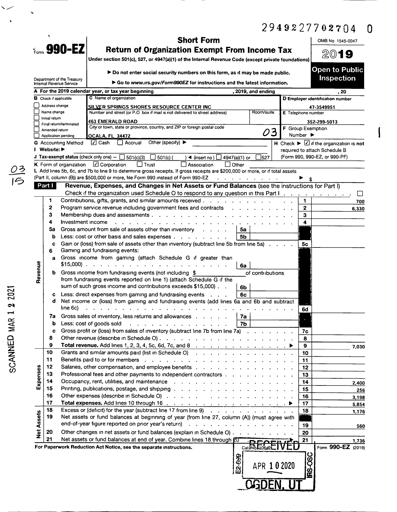 Image of first page of 2019 Form 990EZ for Silver Spring Shores Resource Center