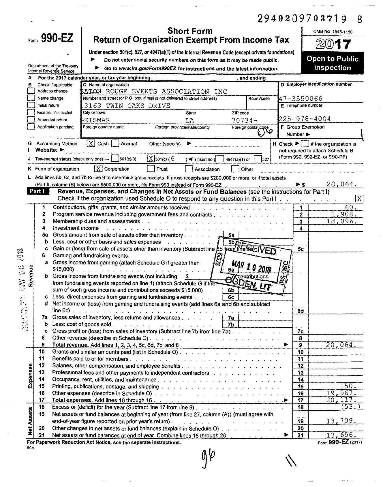 Image of first page of 2017 Form 990EO for Baton Rouge Events Association