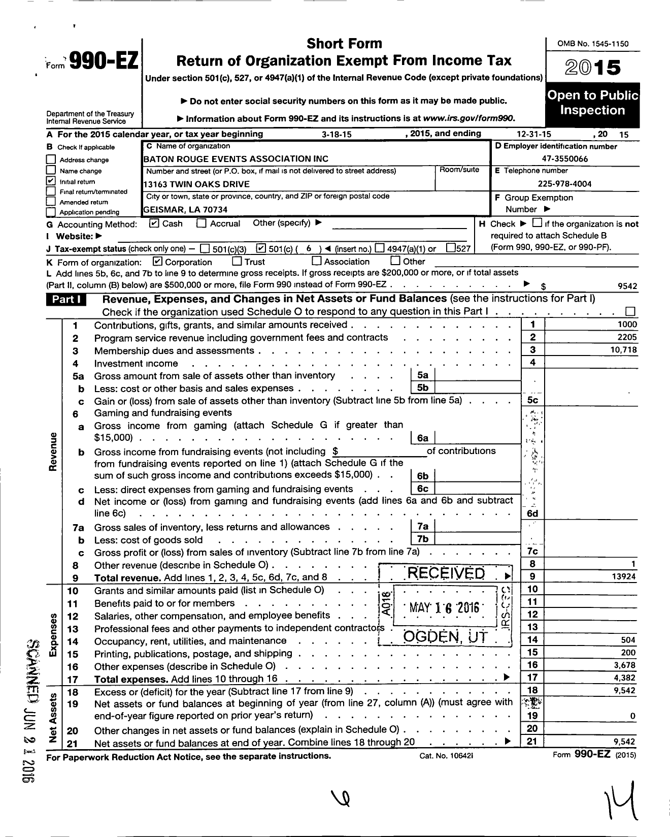 Image of first page of 2015 Form 990EO for Baton Rouge Events Association