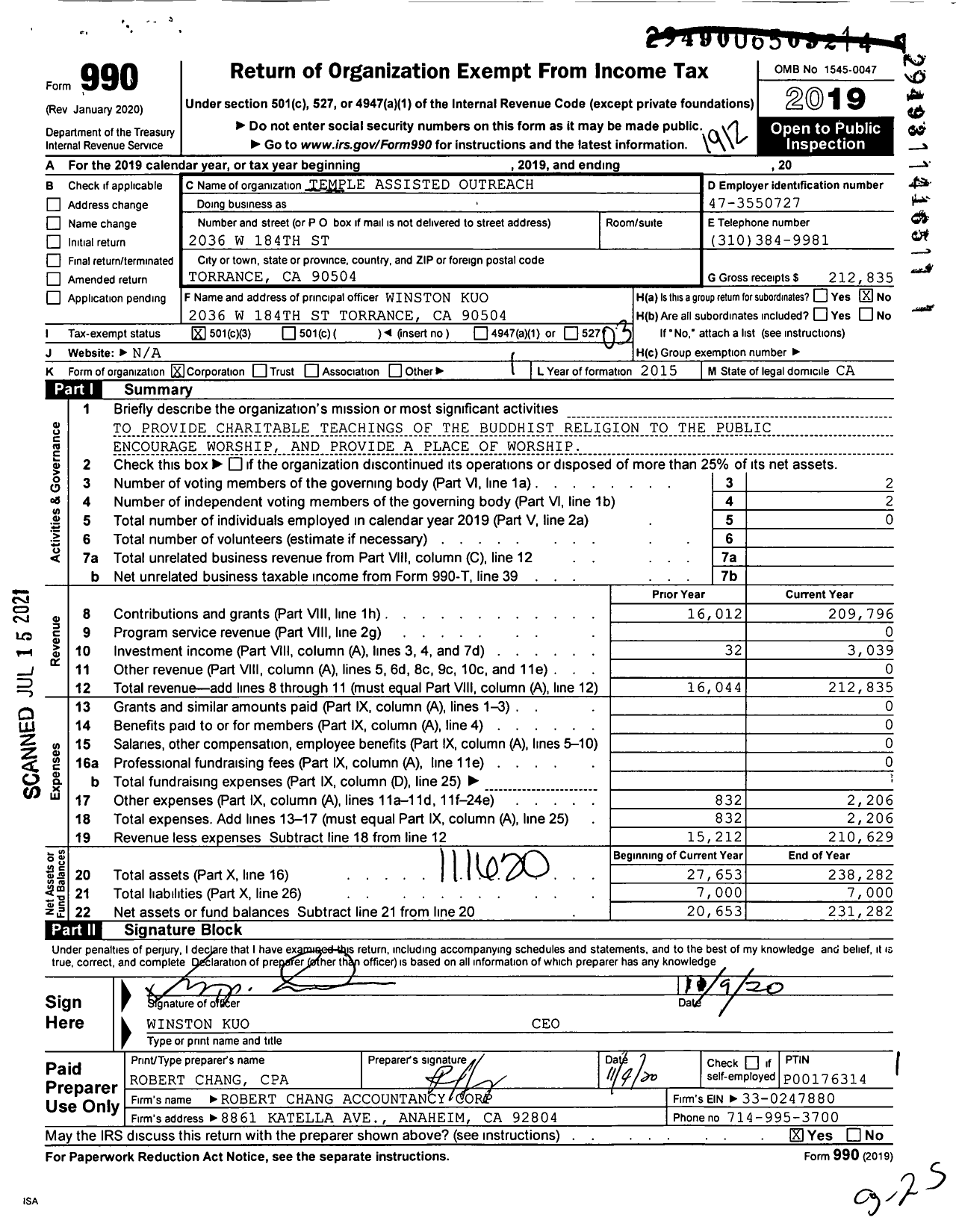 Image of first page of 2019 Form 990 for Temple Assisted Outreach