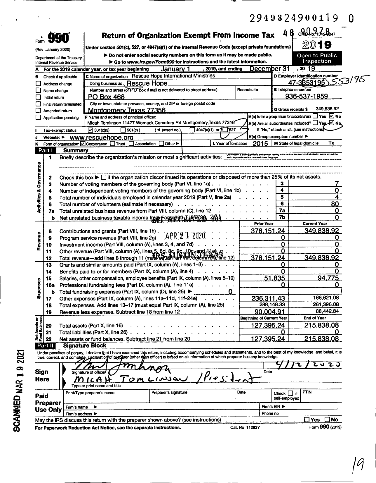 Image of first page of 2019 Form 990 for Rescue Hope International Ministries