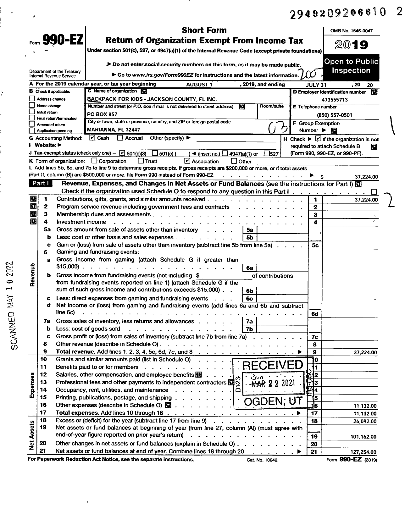 Image of first page of 2019 Form 990EZ for Backpacks for Kids - Jackson County FL