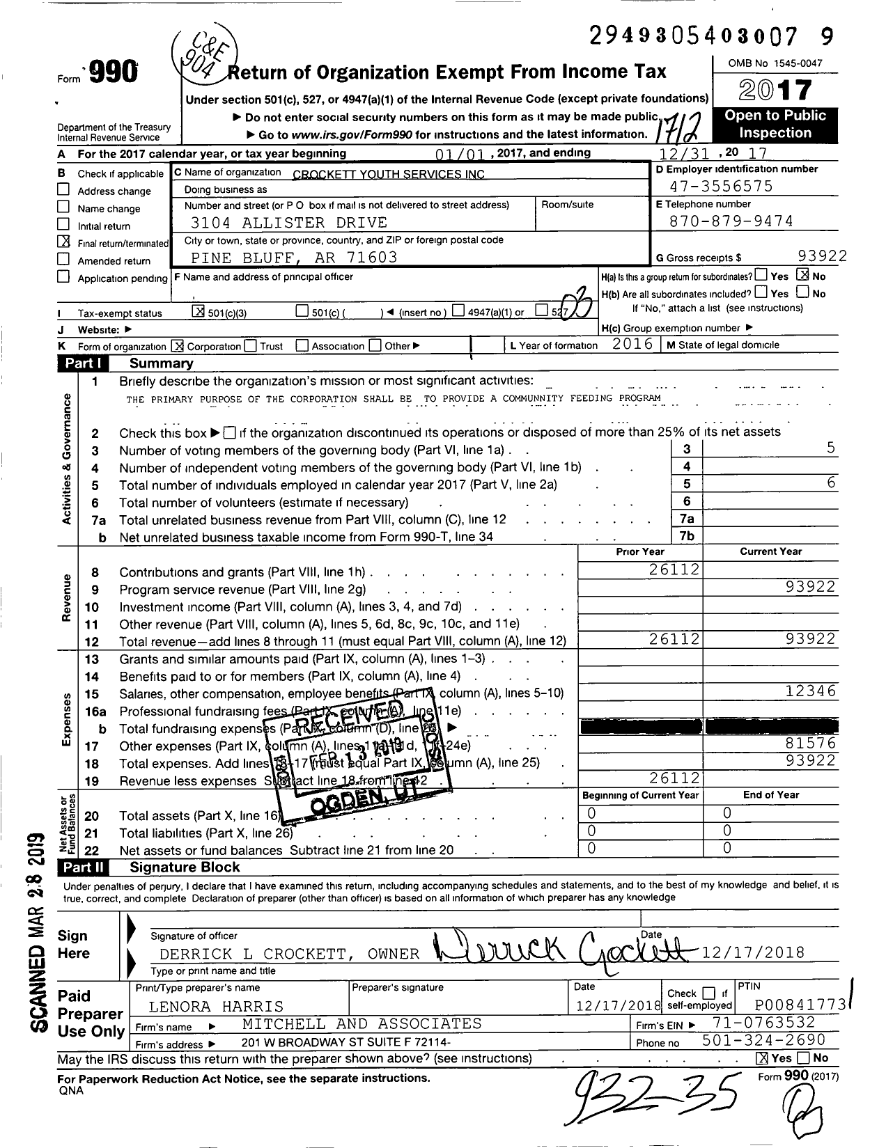 Image of first page of 2017 Form 990 for Crockett Youth Services