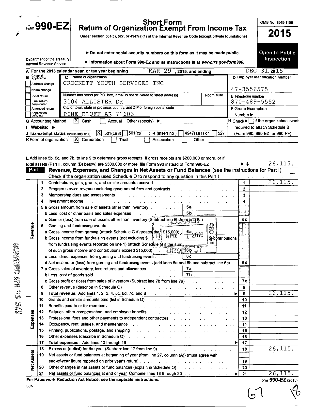 Image of first page of 2015 Form 990EZ for Crockett Youth Services