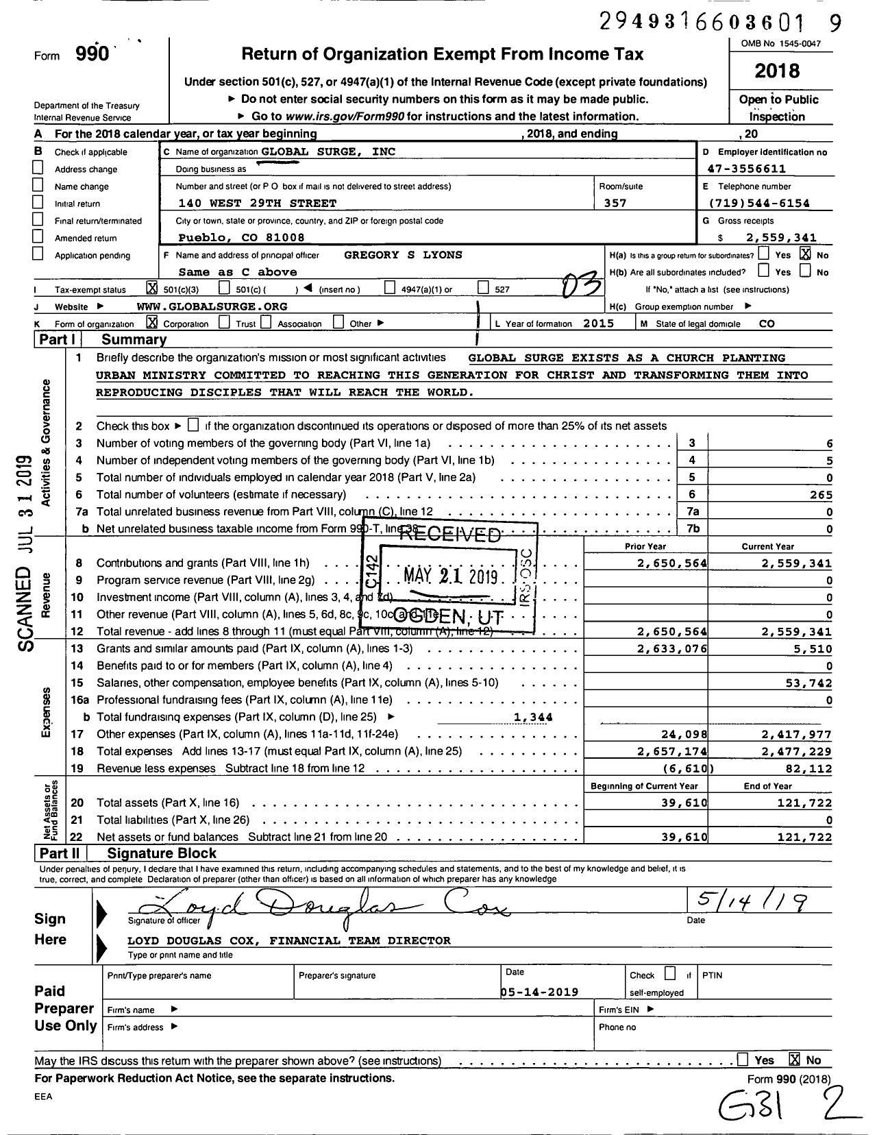 Image of first page of 2018 Form 990 for Global Surge