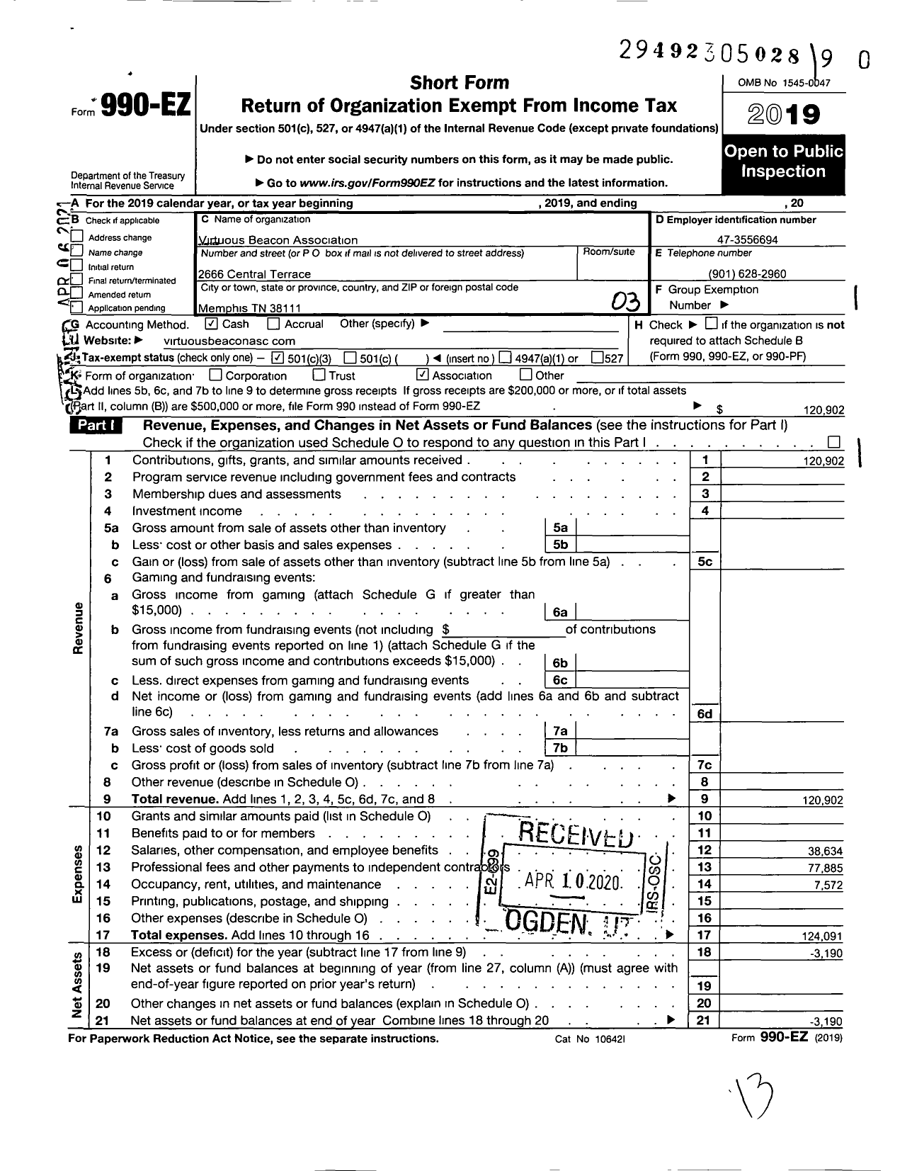 Image of first page of 2019 Form 990EZ for Virtuous Beacon Association Virtuous Beacon Association