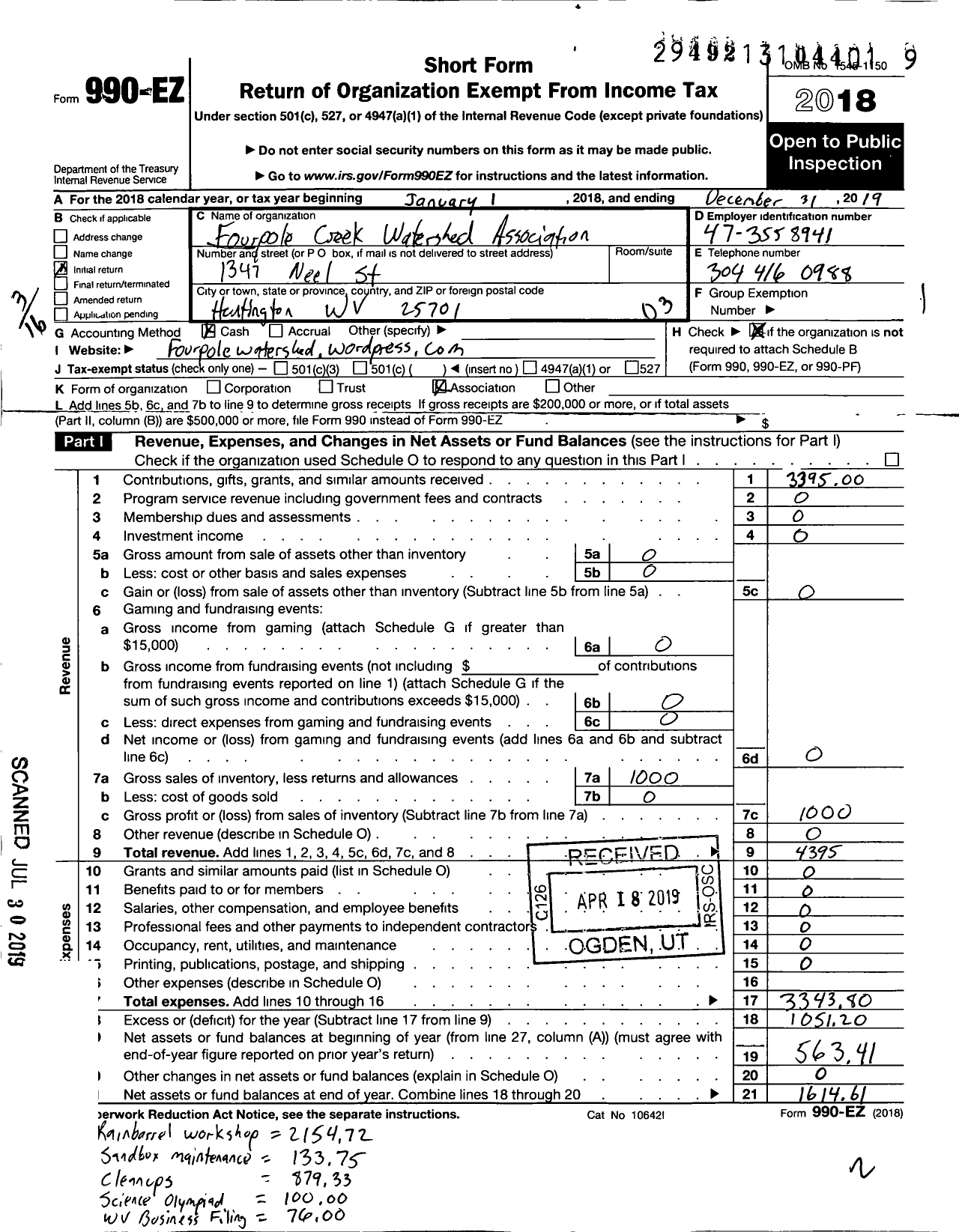 Image of first page of 2019 Form 990EZ for Fourpole Creek Watershed Association n