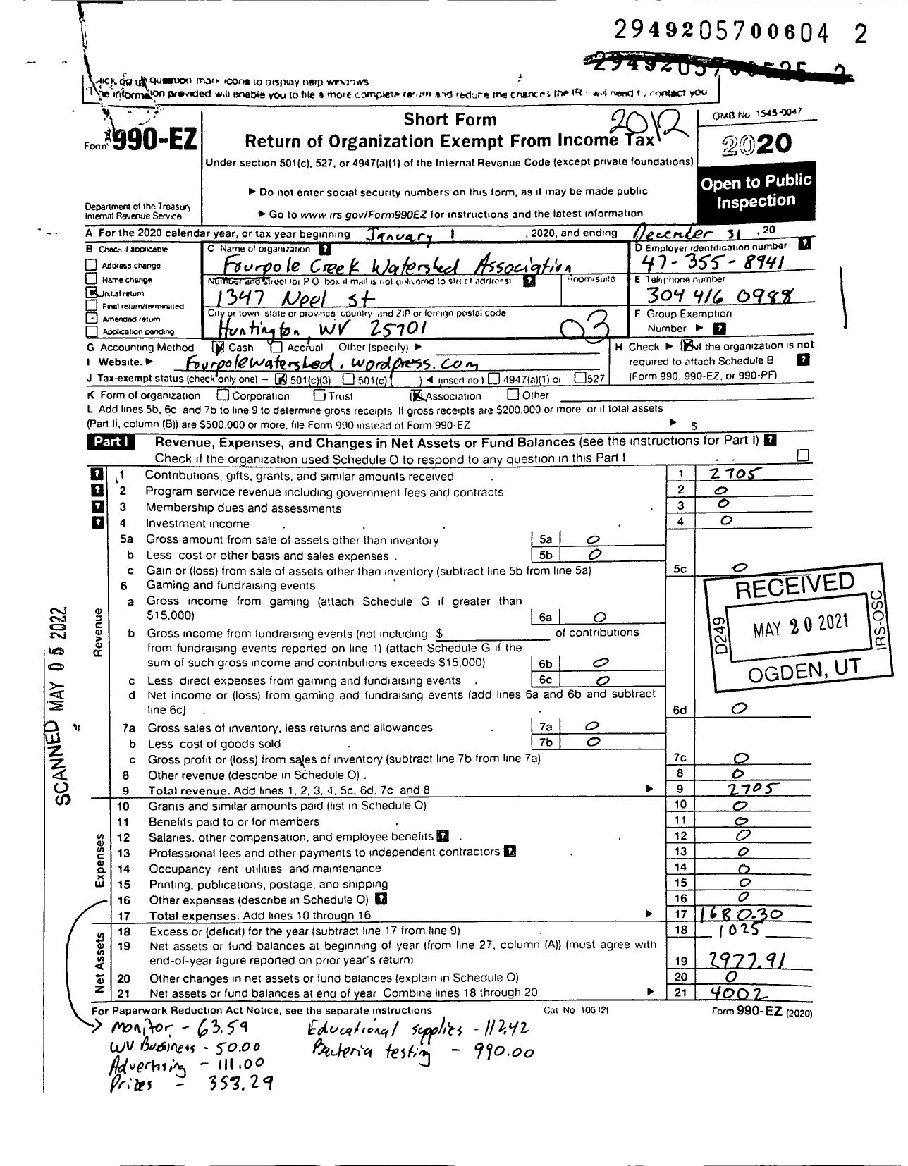 Image of first page of 2020 Form 990EZ for Fourpole Creek Watershed Association n