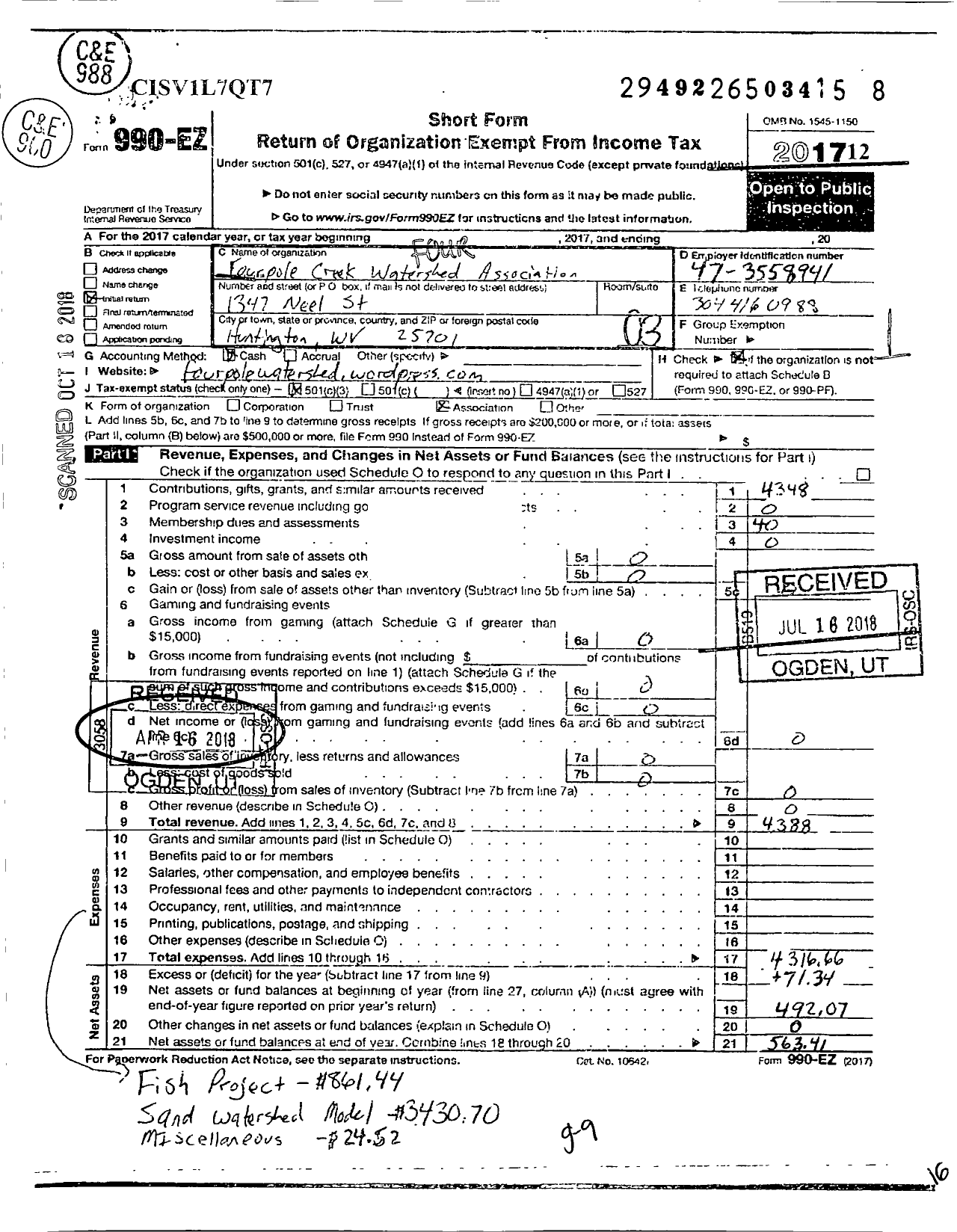 Image of first page of 2017 Form 990EZ for Fourpole Creek Watershed Association n