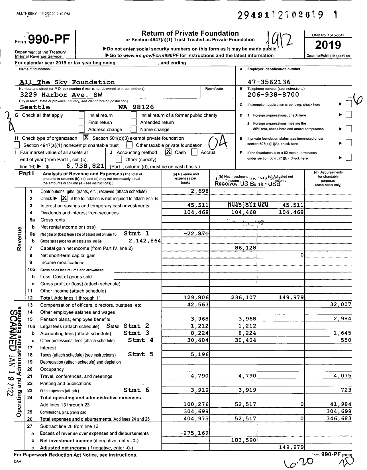 Image of first page of 2019 Form 990PF for All the Sky Foundation