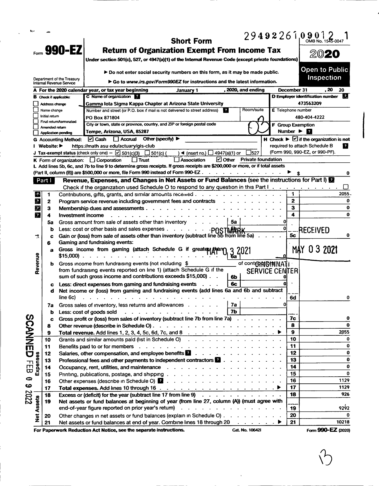 Image of first page of 2020 Form 990EZ for Gamma Iota Sigma Kappa Chapter at Arizona State University