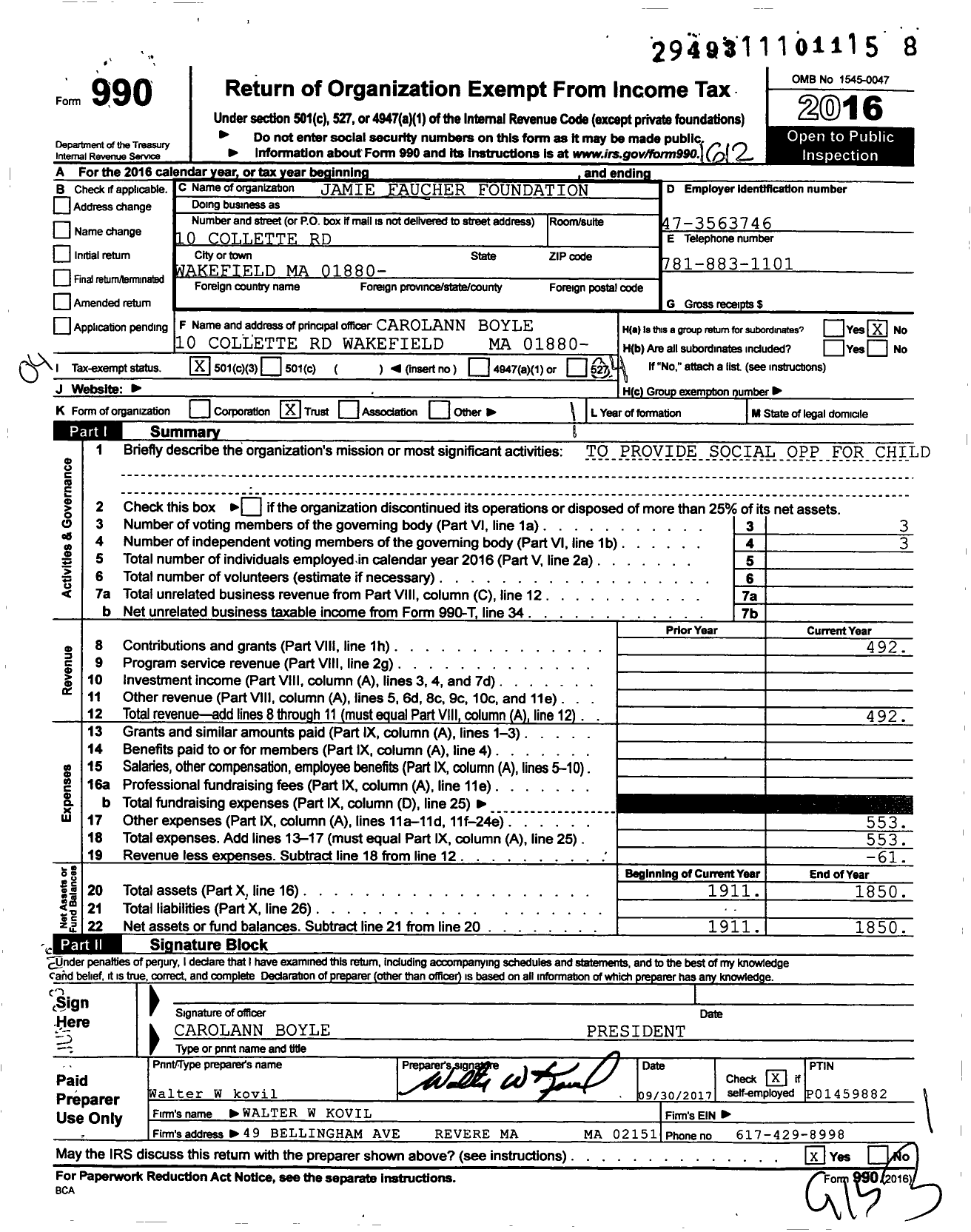 Image of first page of 2016 Form 990O for Jamie Faucher Foundation