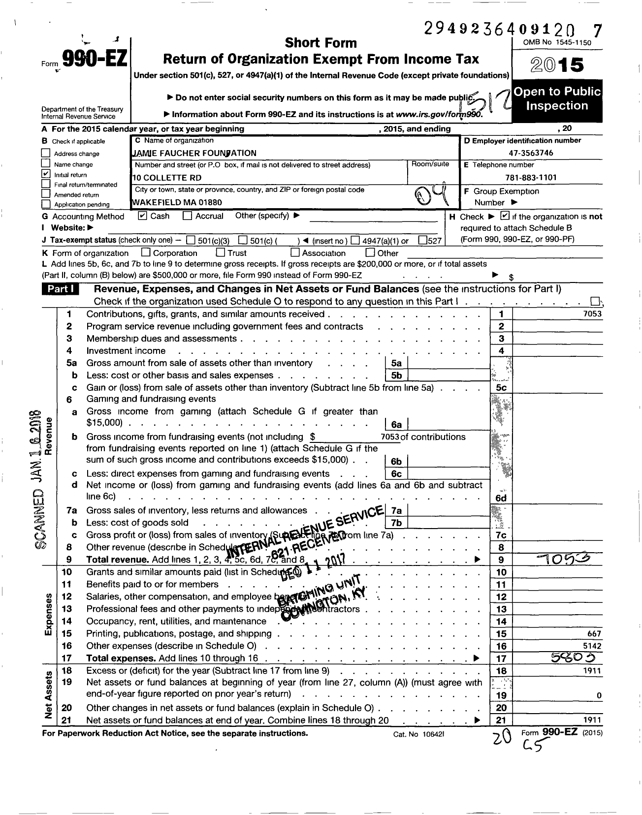 Image of first page of 2015 Form 990EO for Jamie Faucher Foundation