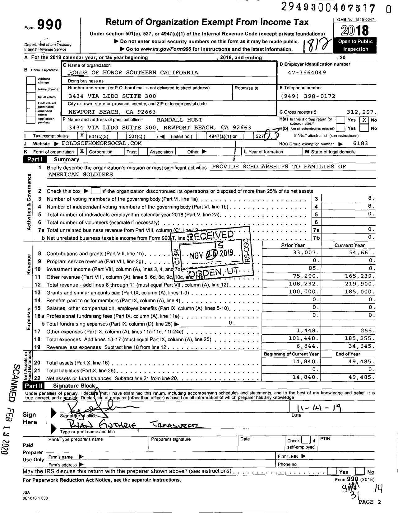 Image of first page of 2018 Form 990 for Folds of Honor Southern California