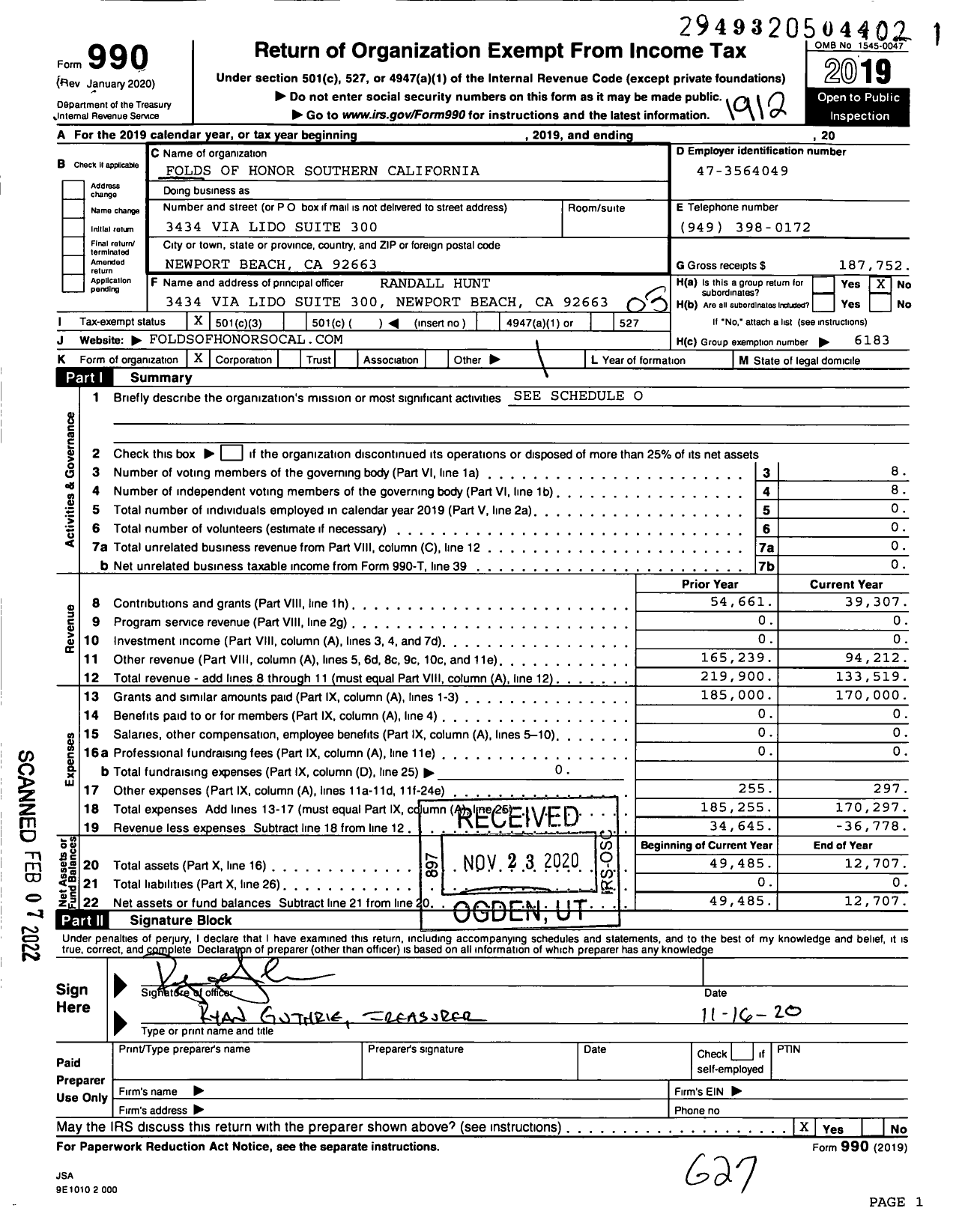 Image of first page of 2019 Form 990 for Folds of Honor Southern California