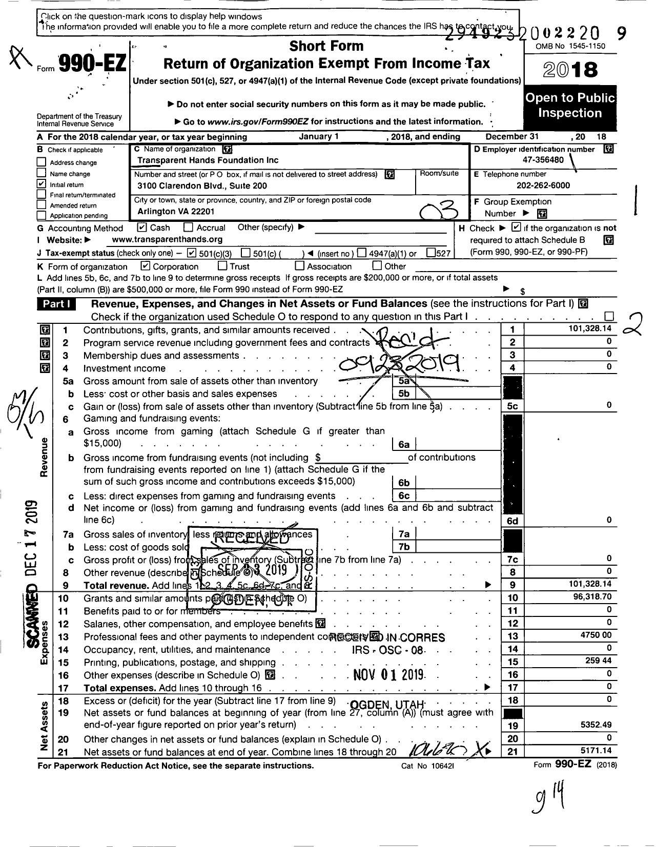 Image of first page of 2018 Form 990EZ for Transparent Hands Foundation Us