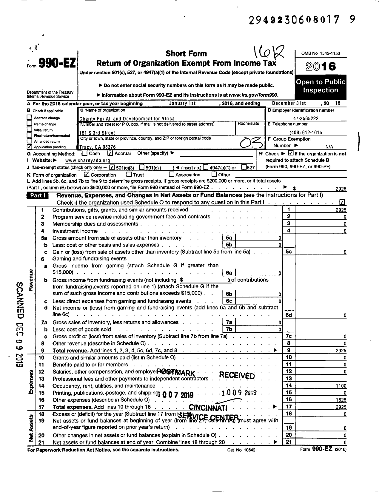 Image of first page of 2016 Form 990EZ for Charity for All and Development for Africa