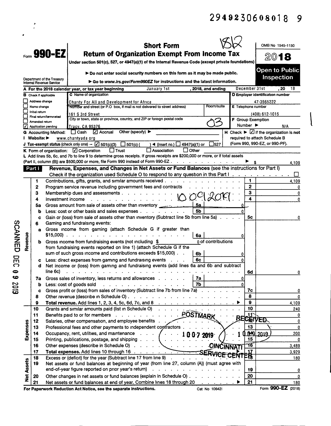 Image of first page of 2018 Form 990EZ for Charity for All and Development for Africa