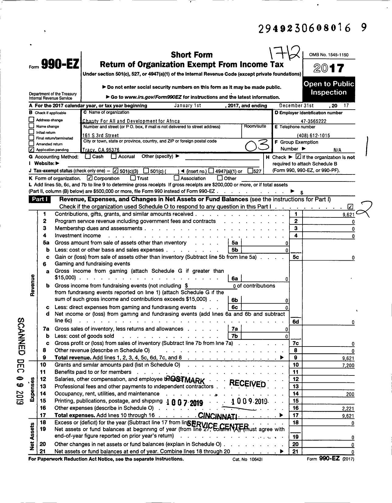 Image of first page of 2017 Form 990EZ for Charity for All and Development for Africa