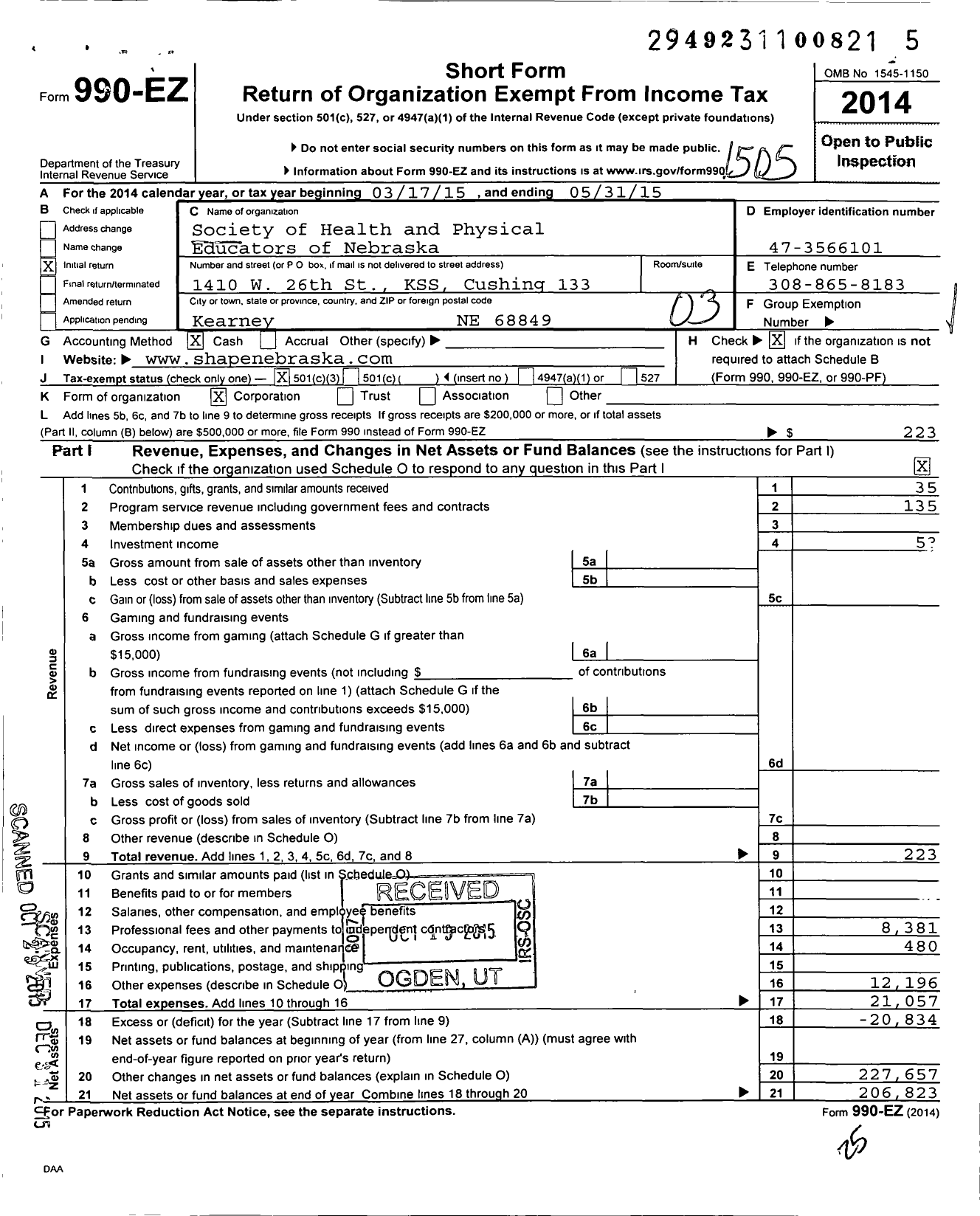 Image of first page of 2014 Form 990EZ for Society of Health and Physical Educators of Nebraska